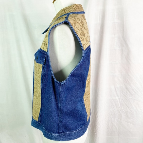 Vintage Boho Denim and Tan Tapestry Accent Vest Lg - Picture 2 of 6